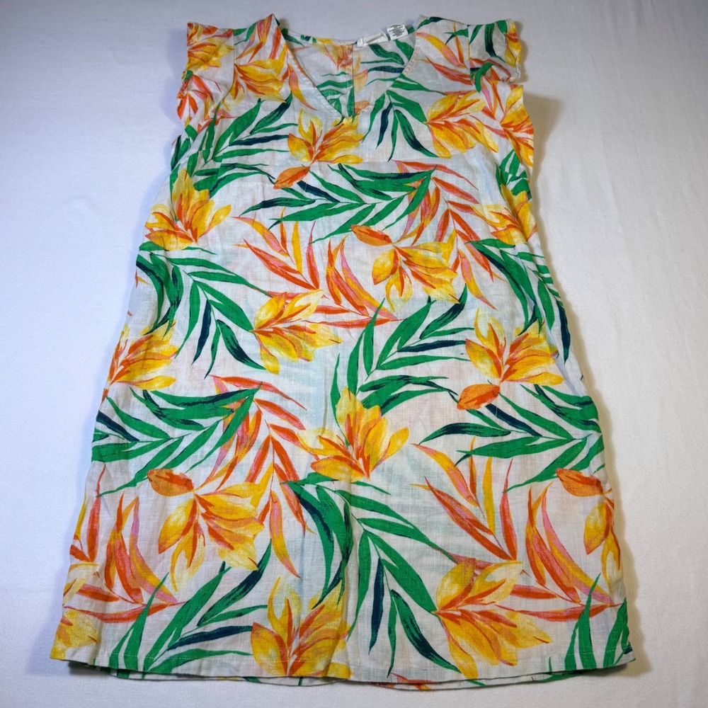 Nicole Miller Linen Tropical Floral Shift Dress S White Yellow Flutter Sleeve - Picture 15 of 15